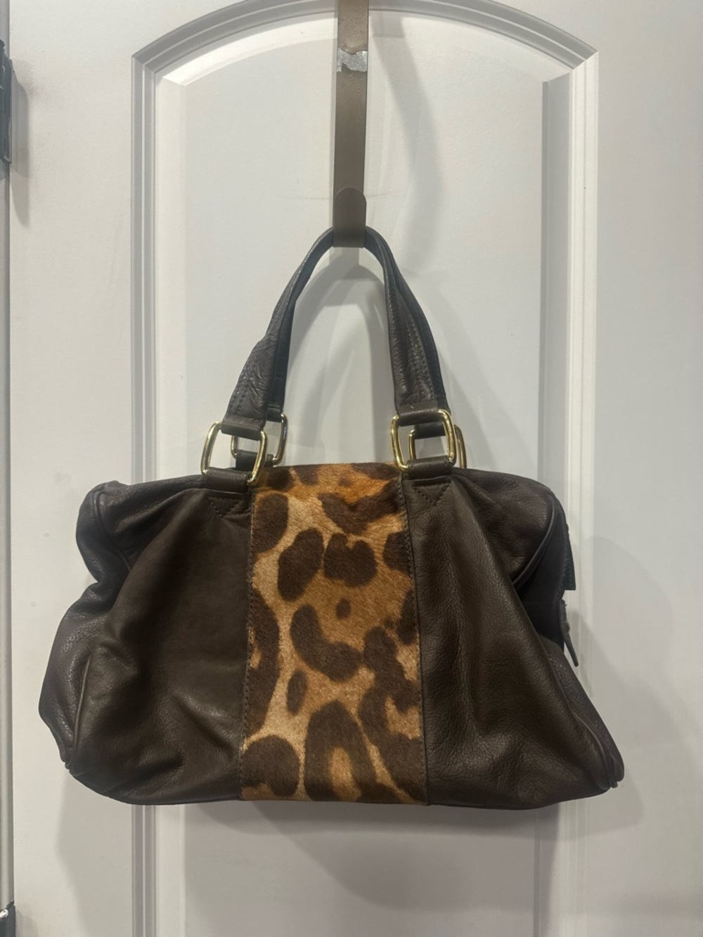 Leather Tote Bag with Leopard Haircalf Accent - Brown